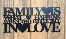 Load image into Gallery viewer, Family what happens when two people fall in love, metal monogram, metal wall decor, metal quote, Housewarming Gift, Christmas gift
