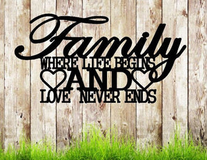 Family where life begins and love never ends, metal monogram, metal wall decor, metal quote, Housewarming Gift, Christmas gift