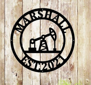 Personalized Metal Name Sign, Custom Oil Field Sign, Oil Rig Welcome Sign, Rustic Metal Wall Art, Split Monogram Metal Sign, Driller Gift
