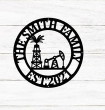 Load image into Gallery viewer, Personalized Metal Name Sign, Custom Oil Field Sign, Oil Rig Welcome Sign, Rustic Metal Wall Art, Split Monogram Metal Sign, Driller Gift
