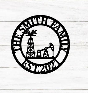 Personalized Metal Name Sign, Custom Oil Field Sign, Oil Rig Welcome Sign, Rustic Metal Wall Art, Split Monogram Metal Sign, Driller Gift