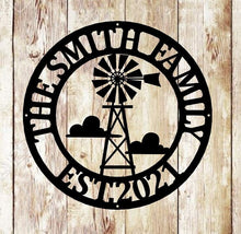 Load image into Gallery viewer, Personalized Windmill Wall Decor Personalized Windmill Sign Custom Windmill Decor Metal Family Name Sign Last Name Farmhouse Decor Farm Sign
