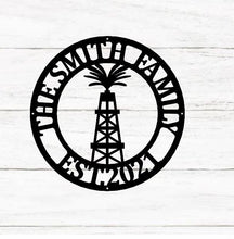Load image into Gallery viewer, Personalized Metal Name Sign, Custom Oil Field Sign, Oil Rig Welcome Sign, Rustic Metal Wall Art, Split Monogram Metal Sign, Driller Gift
