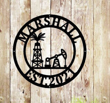 Load image into Gallery viewer, Personalized Metal Name Sign, Custom Oil Field Sign, Oil Rig Welcome Sign, Rustic Metal Wall Art, Split Monogram Metal Sign, Driller Gift
