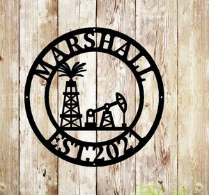 Personalized Metal Name Sign, Custom Oil Field Sign, Oil Rig Welcome Sign, Rustic Metal Wall Art, Split Monogram Metal Sign, Driller Gift