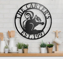 Load image into Gallery viewer, Squirrel Personalized Metal Sign, Cabin Decor, Camping Sign, Campground sign, Camper Birthday Gift, Squirrel Decor, Custom Squirrel Sign
