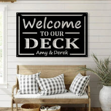 Load image into Gallery viewer, Personalized Family Name Welcome to Our Patio Metal Sign, outdoor metal sign, metal patio sign, family name sign, metal art, metal deck
