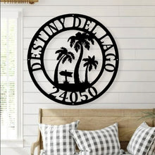 Load image into Gallery viewer, Personalized Palm Tree Metal Sign - Beach House Signs - Door Hanger - Metal Wall Art - Beach Decor - Coastal Decor - Tropical Decor
